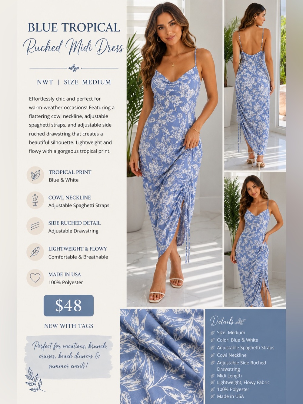 Blue Tropical Ruched Midi Dress - Size M - NWT